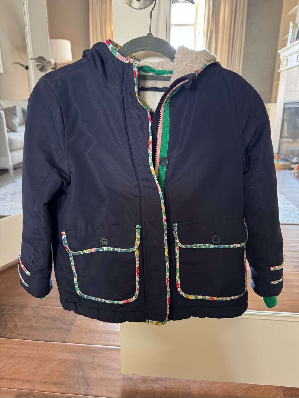 Mini Boden Navy Hooded Sherpa lined Cat Coat with Floral Trim